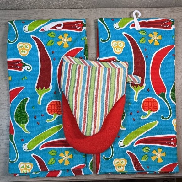 HOT STUFF Spicy Pepper Oven Glove and Kitchen Towels Set NWT - Picture 3 of 4
